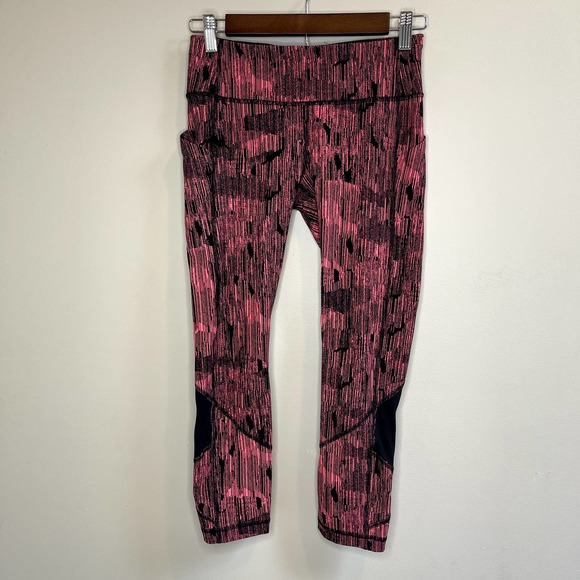 lululemon athletica Pants - Lululemon Pace Rival Crop in Down Pour Electric Coral (Pink) Black Legging | 4